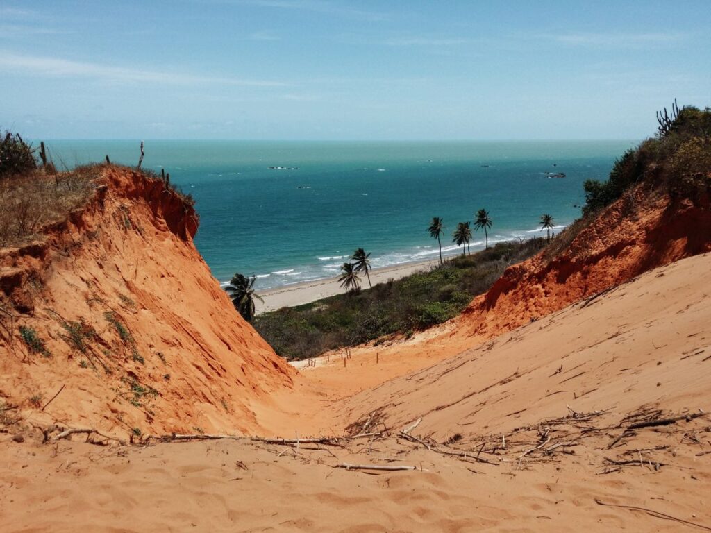 pexels-photo-8032814-8032814 Explore the stunning Canoa Quebrada cliffs overlooking the turquoise ocean under a clear blue sky.