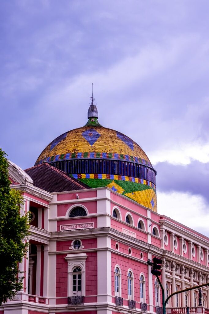 Colorful dome of Teatro Amazonas, showcasing iconic architectural beauty in Manaus, Brazil.