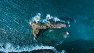 Stunning aerial view of rocky island off the coast of Fernando de Noronha