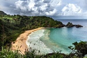 Breathtaking beach and lush greenery at Fernando de Noronha, Brazil.